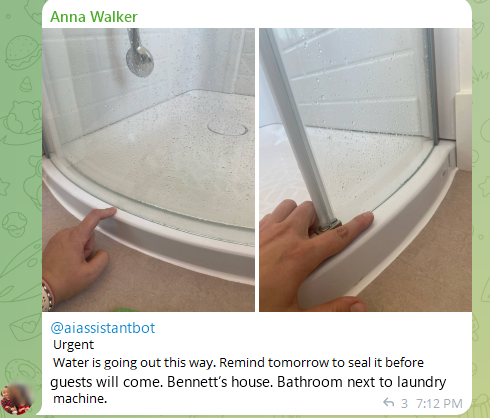 A field report in the chat: two photos of a shower base with a one-sentence note flagging a leak to fix before guests arrive