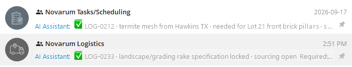 Chat list showing the tasks and logistics groups, each with a one-line confirmation from the AI assistant