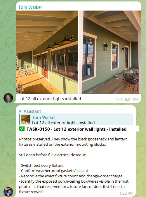 Two photos of installed porch lights with a one-line note, followed by the AI assistant's task confirmation and list of open items before electrical closeout