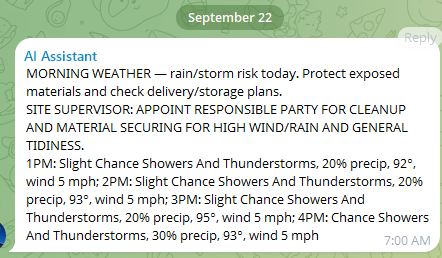 A morning weather notice from the AI assistant warning of storm risk and asking the site supervisor to secure materials