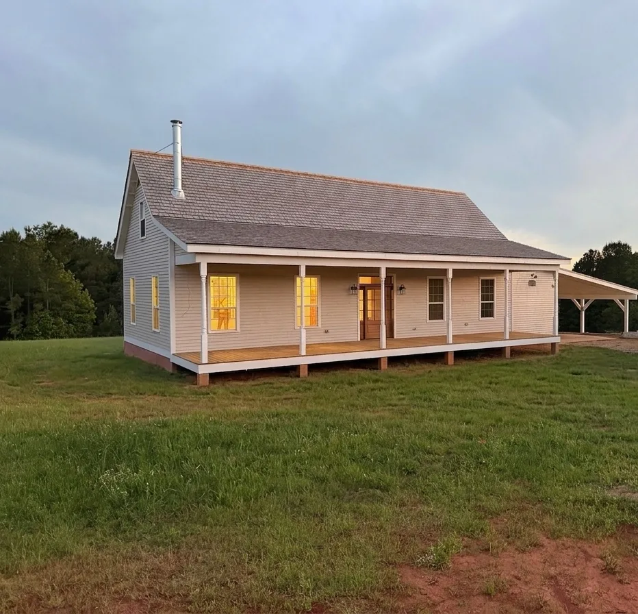 Country farmhouse at dusk with glowing windows