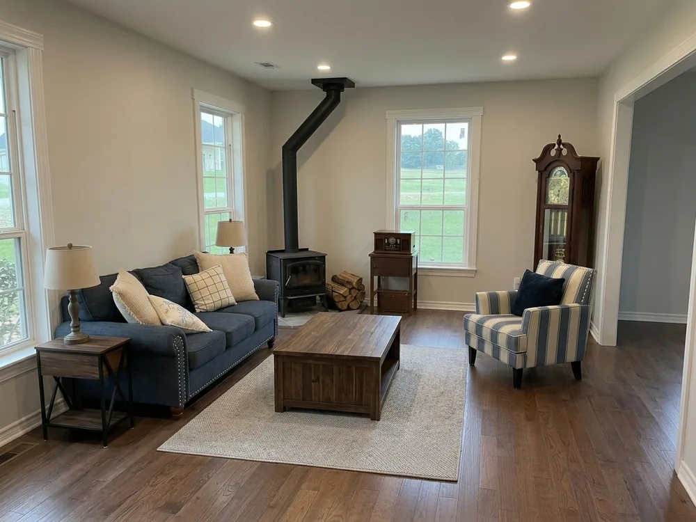 Living room with wood stove — interior visualization