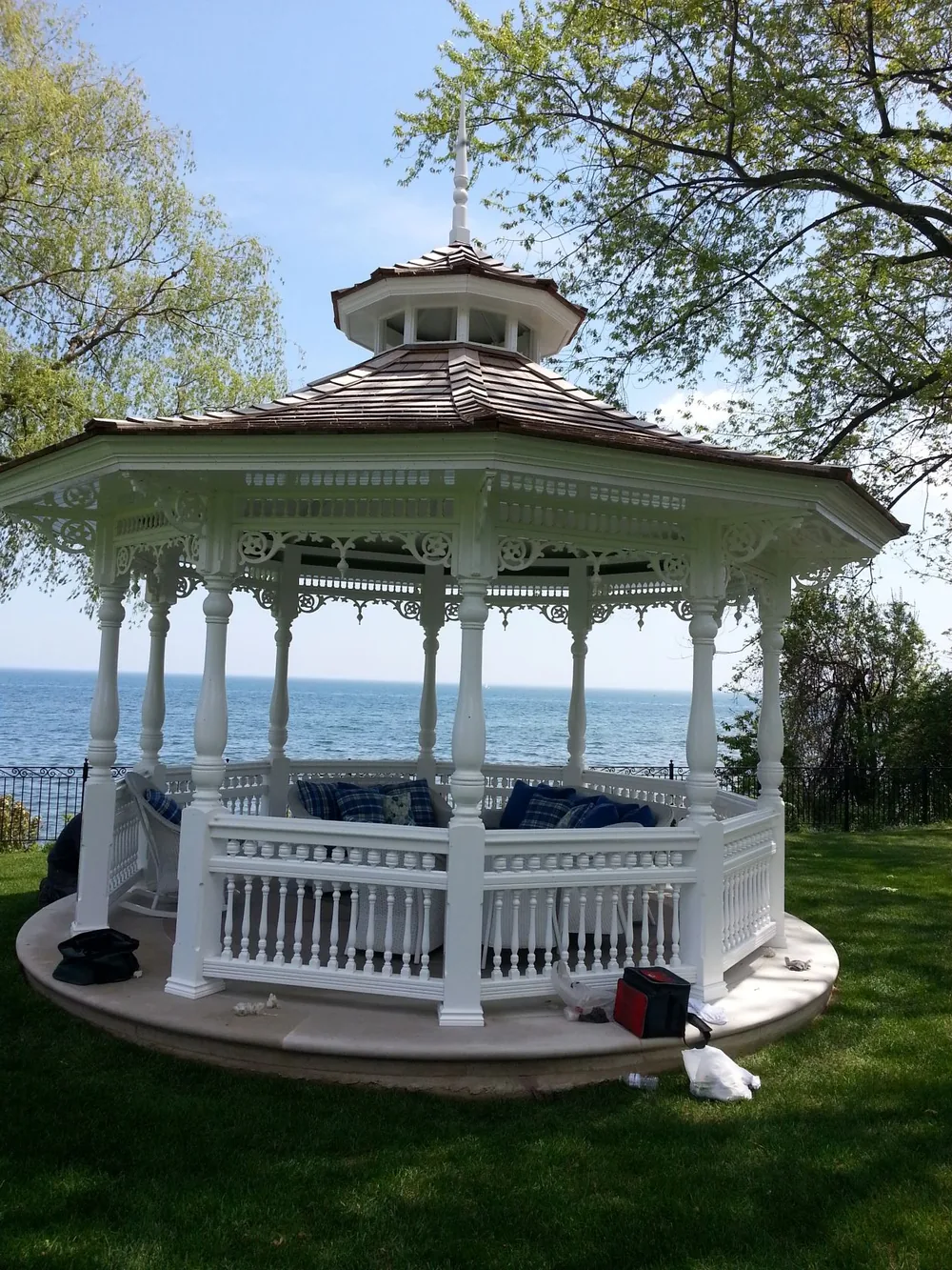 Ornate Victorian gazebo with hand-turned millwork overlooking Lake Ontario
